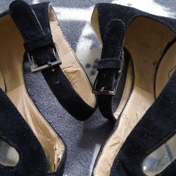 BCBG Fantina Black Suede Clear Cutouts 3.5 I ch Stiletto Heel Sandals Size 6.5 - Picture 6 of 15